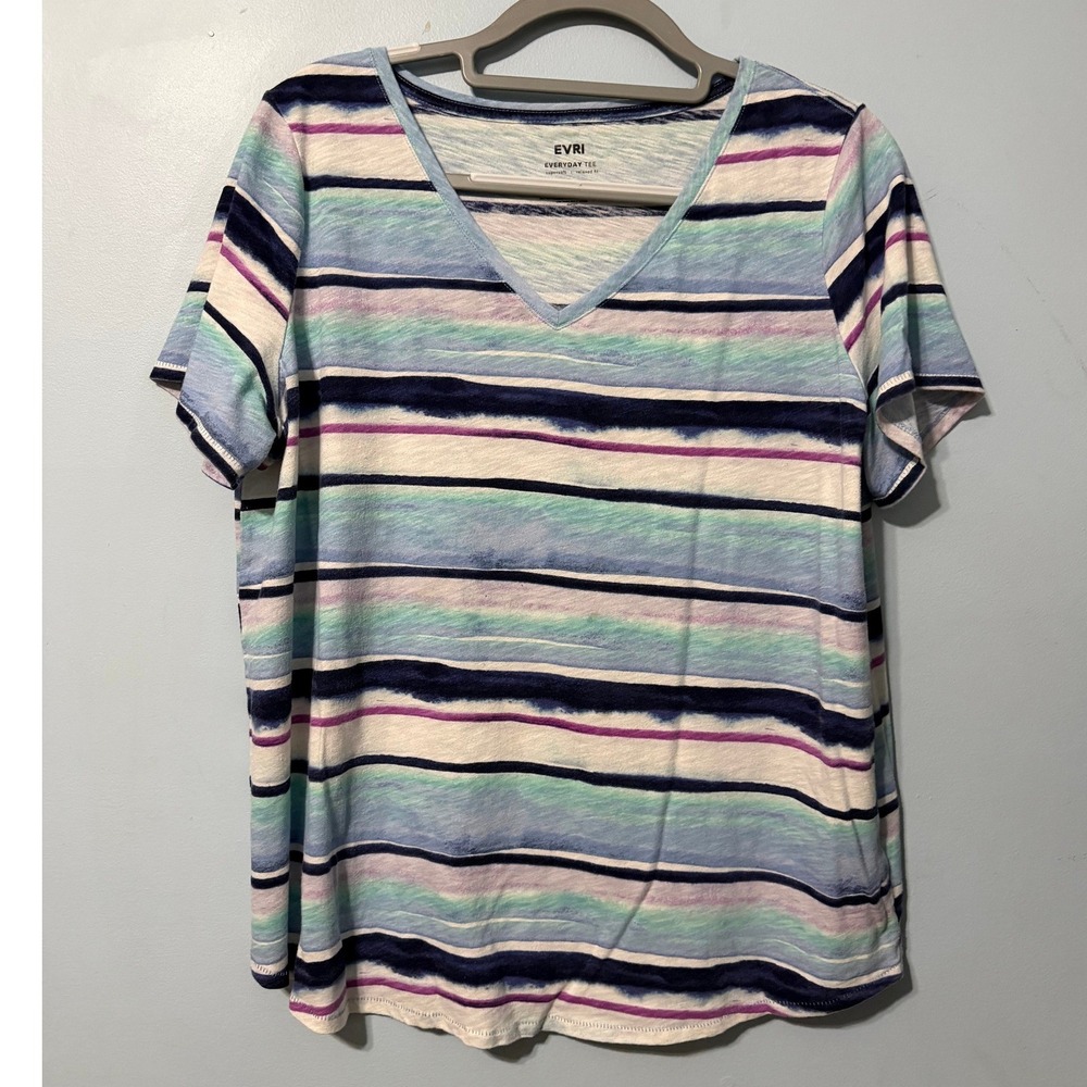 EVRI Everyday Tee 0X Blue Purple Striped V-Neck Short Sleeve Relaxed Fit 2622